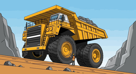 Massive yellow mining dump truck hauling rocks up a dirt road in a quarry © Intan