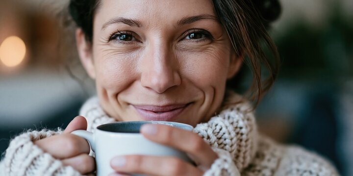 A joyful woman enjoys a cup of coffee, radiating warmth and comfort, perfectly embodying moments of relaxation and contentment in everyday life.