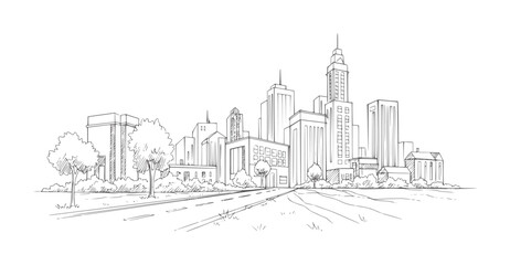 Fototapeta premium Sketchy city skyline with road and trees in black and white buildings