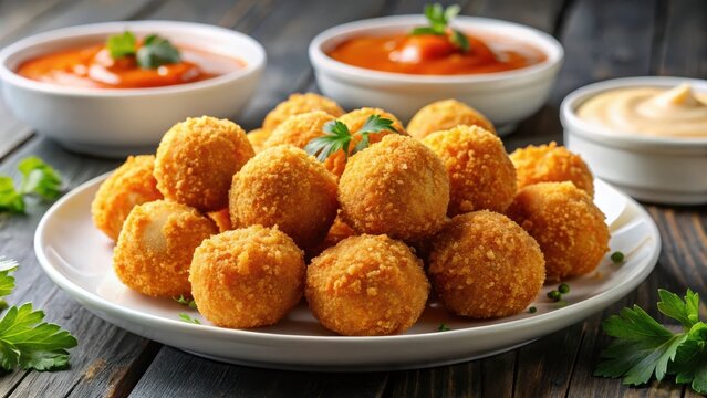 Crispy fried cheese balls with sauce on white plate