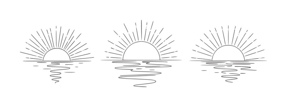 Three minimalist line sunrises over wavy water reflections ocean