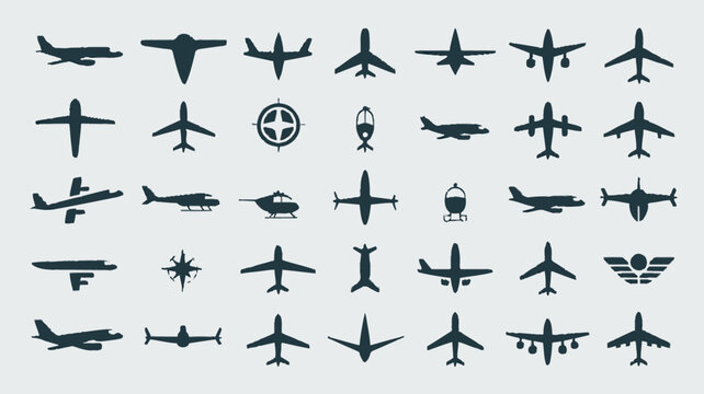 Airplane icons, aircraft silhouettes, 40 plane graphics, aviation symbols