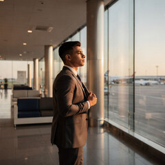 Fototapeta premium Successful Young Businessman in a Suit Looking Out of the Airport Window at Sunset