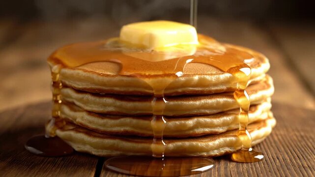A stack of golden-brown griddle cakes with melting butter and flowing syrup on wooden surface