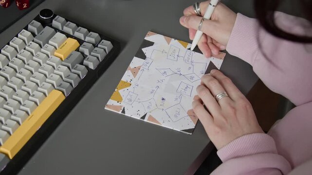 Top view of hands of anonymous female programmer or software architect drawing block scheme for project implementation on notepad, while developing roadmap plan