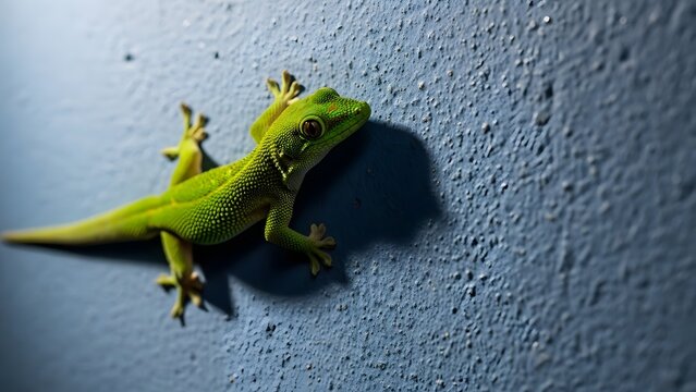 Vibrant green gecko with striking emerald scales securely grips a rough blue wall, its keen eyes observing, bathed in a soft glow that highlights its captivating presence