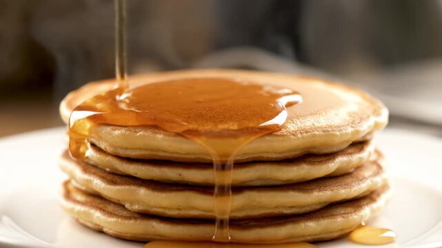 A stack of golden-brown pancakes being drizzled with a sweet, golden syrup, on a white plate