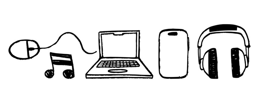 Comprehensive hand drawn doodle set of digital electronics and technology icons. Creative gadget collection containing laptops, headphones, and smartphones isolated for design packs.