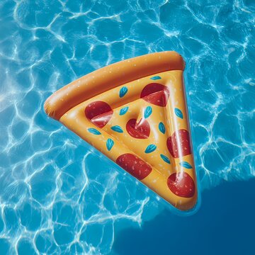 Inflatable pizza slice floating on bright blue water in summer outdoor setting