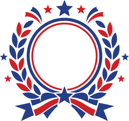 Obraz premium Patriotic wreath frame with red and blue leaves and stars for american memorial and independence day graphic design project asset.