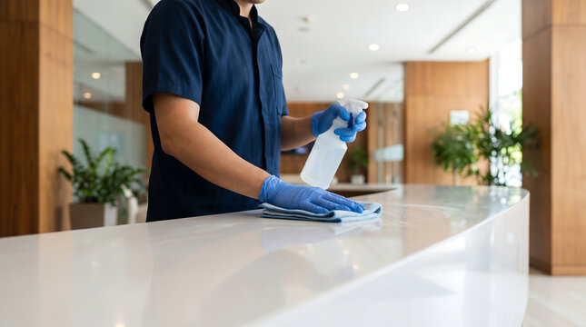 Male professional cleaner wearing blue nitrile gloves spraying disinfectant and wiping a modern white reception desk with a cloth in a luxury corporate office lobby
