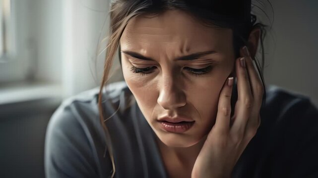 Sad and thoughtful female struggling with emotional trauma loneliness and anxiety inside quiet home setting