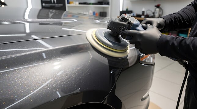Close-up of a professional car detailer wearing black gloves using an orbital polisher to buff and shine the dark grey metallic paint of a vehicle in a workshop.