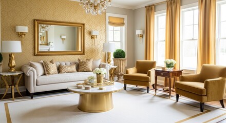 Fototapeta premium Modern luxury living room with gold accents and cream furniture.