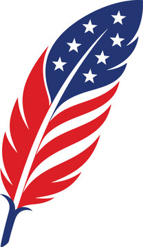 Patriotic feather quill with american flag pattern featuring stars and stripes isolated on transparent background for design.