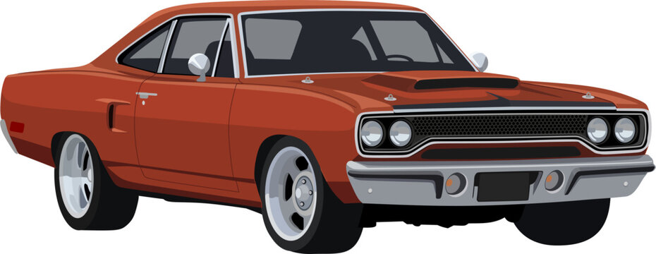 A stylized vector illustration of a vintage orange American muscle car
