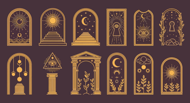 Mystical symbols adorn various gateways and portals in a magical setting.