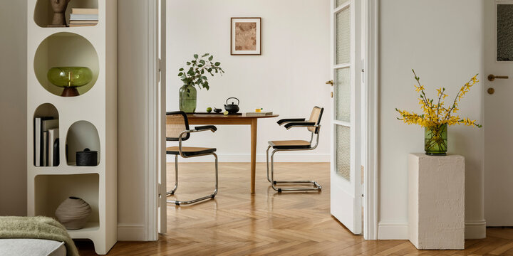 Minimalist dining room with mid-century modern chairs, wooden table and a green vase with yellow spring flowers. Neutral tones and clean styling emphasize natural textures.