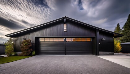 Obraz premium modern black garage a sleek contemporary black garage with a corrugated metal exterior and modern design under a cloudy sky