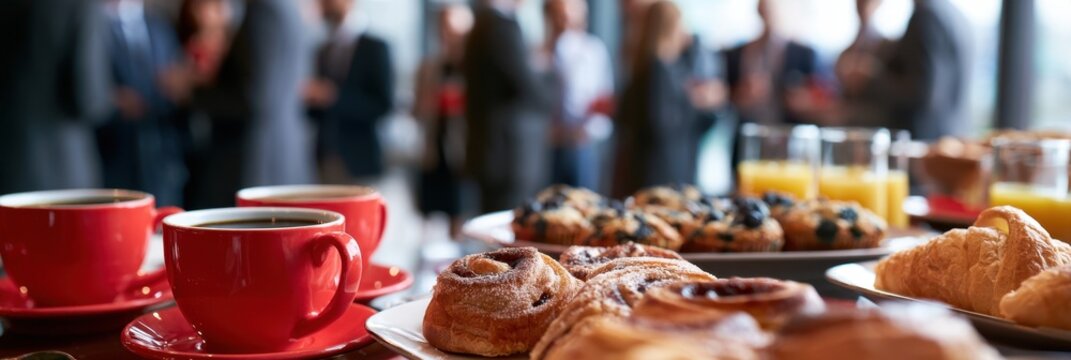 Corporate breakfast table with red coffee cups, sweet pastries, and orange juice. Blurred business professionals networking at a trade event in the background. Long banner