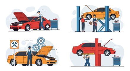 Naklejka premium Mechanics service cars in various settings with tools and equipment nearby.