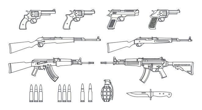 Various weapons and ammunition are displayed in a detailed illustration.