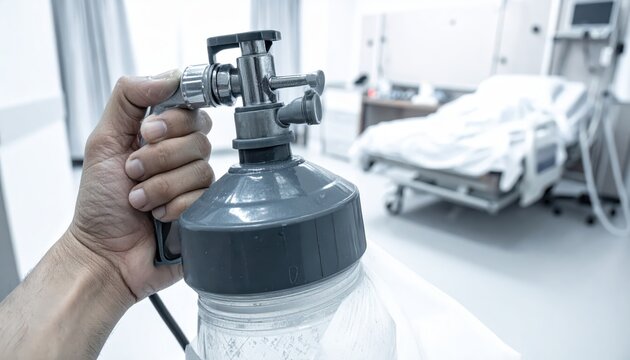 Hand operating a manual resuscitator bag with attached mask in a hospital setting, ready for patient care.