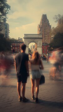 Motion blur couple walking in urban cityscape at dusk with long exposure photography