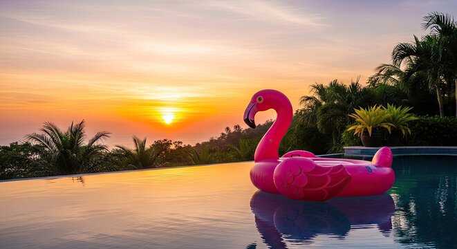 Pink flamingo floaty in infinity pool at sunset.