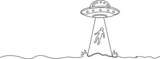Continuous line drawing Alien Abduction, UFO Vector Icon, Spacecraft Art, Sci-Fi Illustration © ANJALI