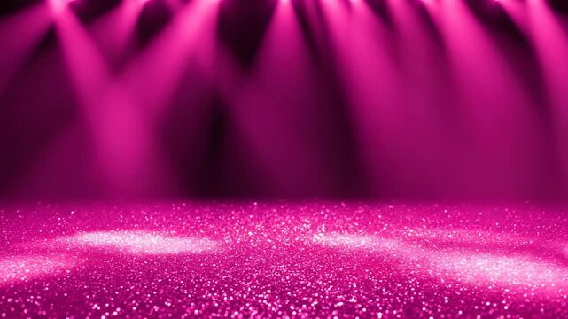 A stage with pink glittery floor and bright spotlights shining down from above
