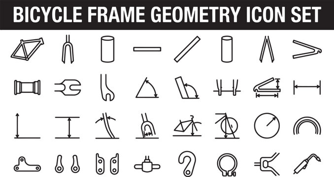 Bicycle frame geometry and technical measurement icons set for engineering design and bicycle manufacturing technical documentation vector