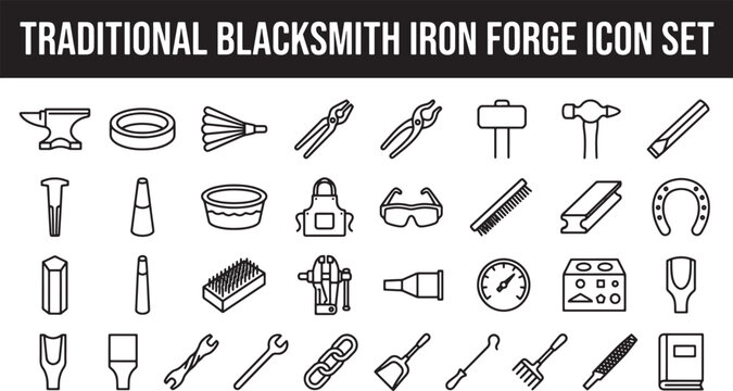 Blacksmith tools and iron forge equipment icon set featuring anvil hammer tongs and protective gear vector illustration