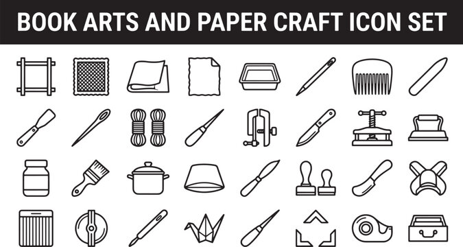 Bookbinding and paper craft icon set featuring essential tools and materials for handmade book arts vector illustration
