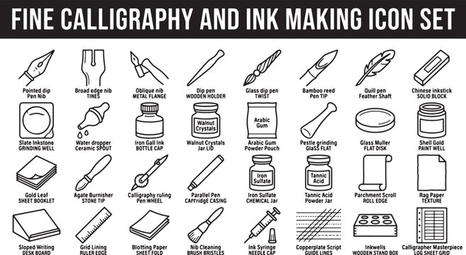 Calligraphy and ink making tools icon set featuring pens nibs bottles and artistic supplies in vector format