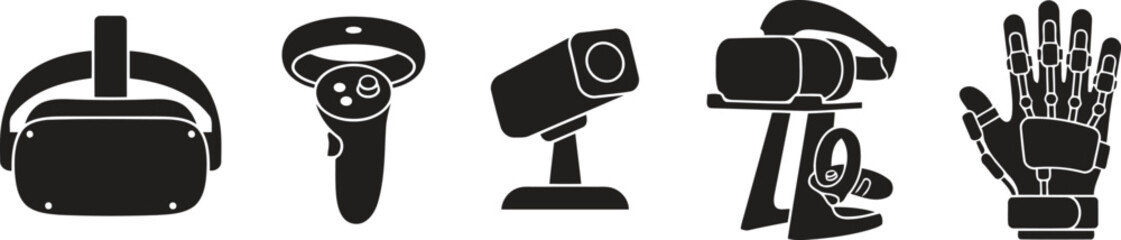 Black icons of vr headset, controller, webcam, robotic arm and hand © Top Stock