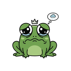 Obraz premium Sad Frog King with Crown and Rain Thought Bubble