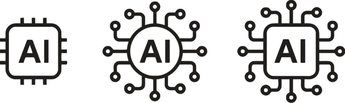 Artificial intelligence AI processor chip black line icon set. AI Processor circuit symbol logo. Mini AI CPU icon collection. powered AI chip silhouette icon vector set. AI chip icon. 