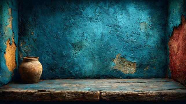 Abstract grunge background featuring a distressed blue textured wall and a weathered rustic wooden shelf.