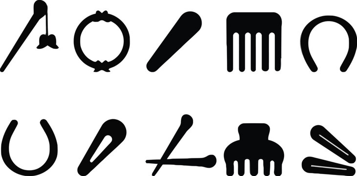 Hair Accessories. Filled icon set of Hair Accessories: ribbon bow, hair clip, hair band, scrunchie, bobby pins. Professional Hair Care Tools Vector Icon Set Collection Bundle Featuring. 
