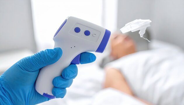 Hand wearing blue glove holds digital infrared forehead thermometer to measure temperature of person in blurred background