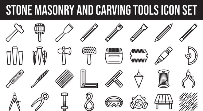 Stone Masonry and Carving Tools Icon Set Featuring Hammers Chisels Measuring Instruments and Safety Equipment Vector Illustration