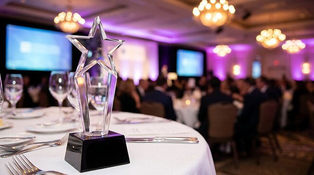 Glass star trophy on table at formal event with guests dining and chandeliers in background illuminated by purple lights.