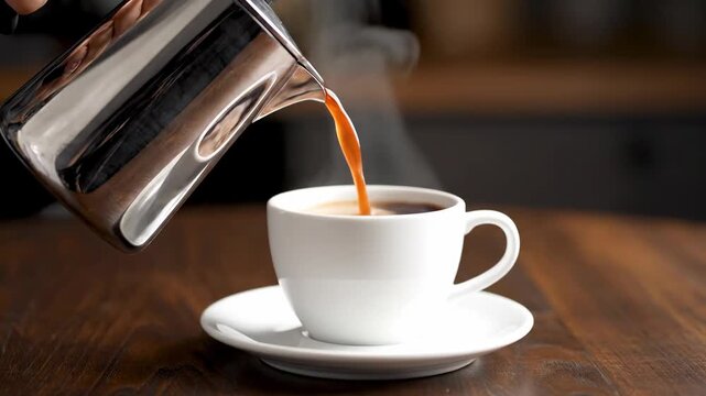 A stainless steel coffee pot pouring dark liquid into a white cup and saucer