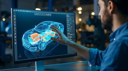 Engineer analyzing 3d car model on computer screen with holographic interface and blueprints in automotive design studio.