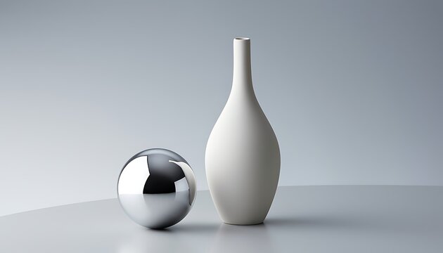 Minimalist Still Life with Reflective Sphere and White Vase.