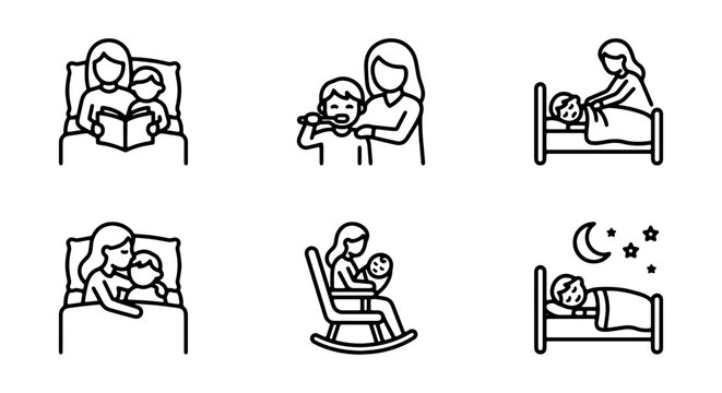 Family bedtime routine icons, parent and child icons, sleep and care icons, vector set