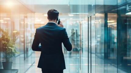 Fototapeta premium Businessman walking down a sleek hallway in a modern office building, talking on a smartphone while exuding confidence and professionalism from a rear view perspective