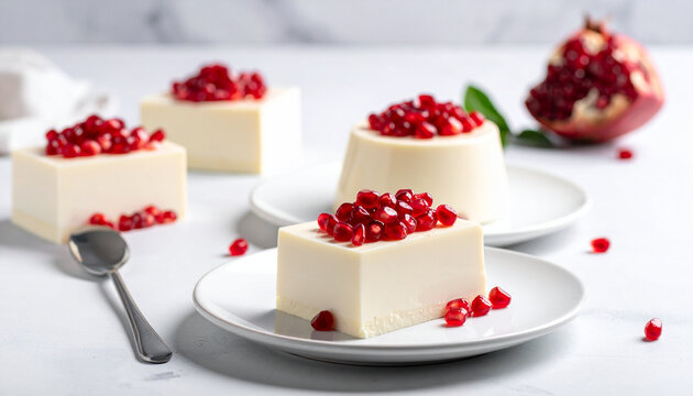White pudding topped with pomegranate.