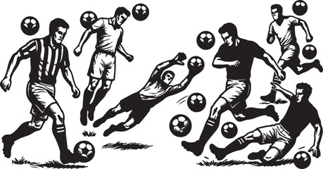 Black and white illustration of soccer players in action © MdAshfakurRahman